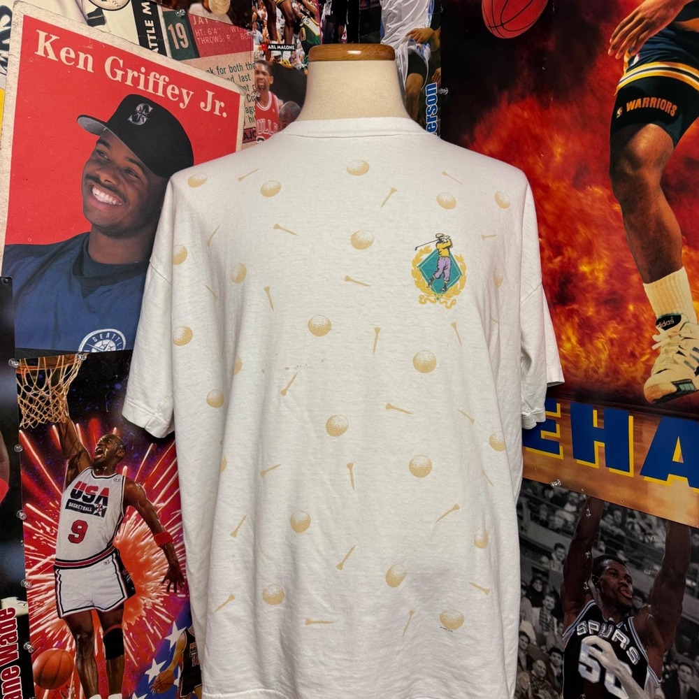 Vintage 90s Golf T Shirt All Over Print Golfer Tee Mens White Sport Sz 2XL